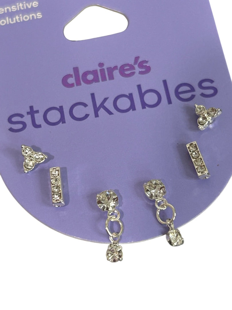 Claires Stackables New 3 Pair Post Pierce Earrings Rhinestone Sensitive Solutions