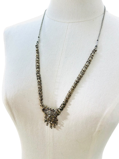 Slide Adjustable Overhead Silvertone Necklace Intricate Beading