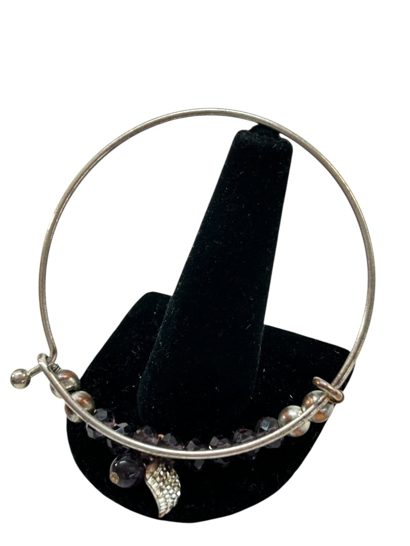 Silvertone Adjustable Bangle Bracelet Purple Crystal Angel Wing