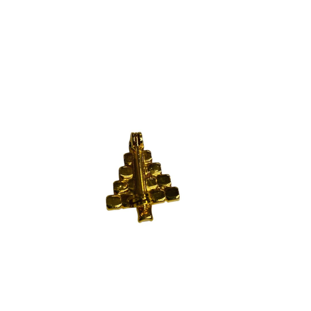 Goldtone Rhinestone Small Christmas Tree Brooch .5 Inch Red Green Vintage