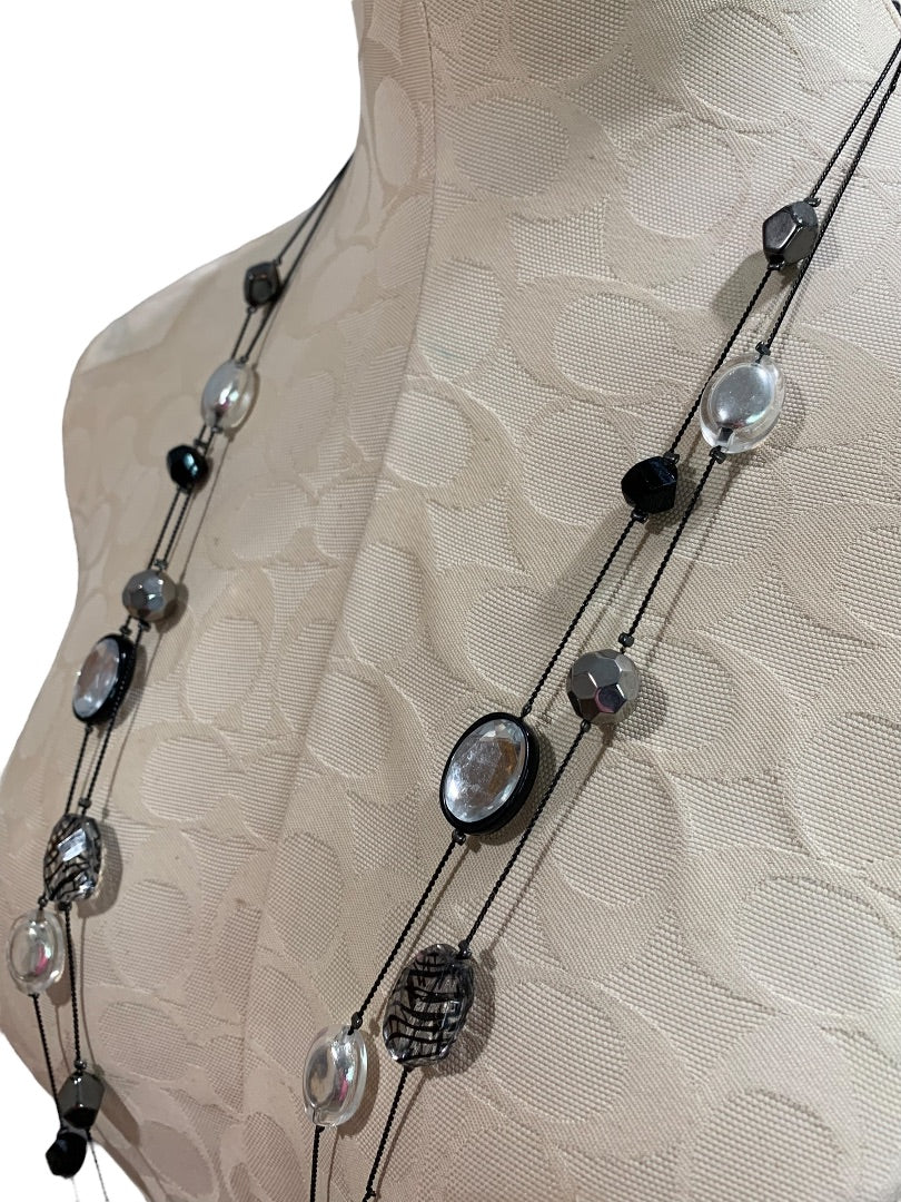 NY Double Strand Black Clear Beaded Necklace 36-40 Inch Lobster Clasp