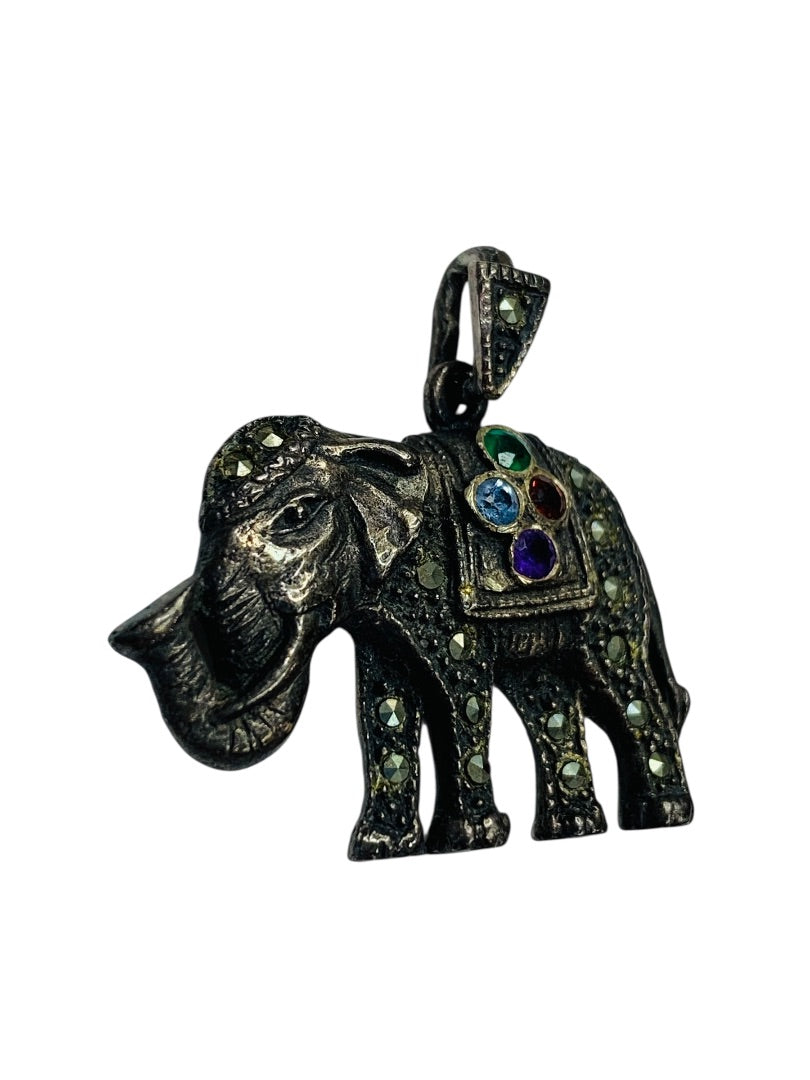Vintage Elephant Silver Luck Pendant Stones Small 1 Inch