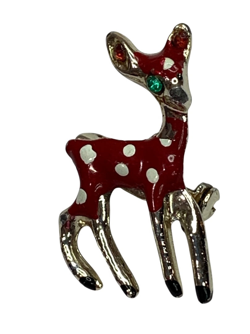Vintage Fawn Deer Enamel Pin Brooch Small 1.25 Inch Red