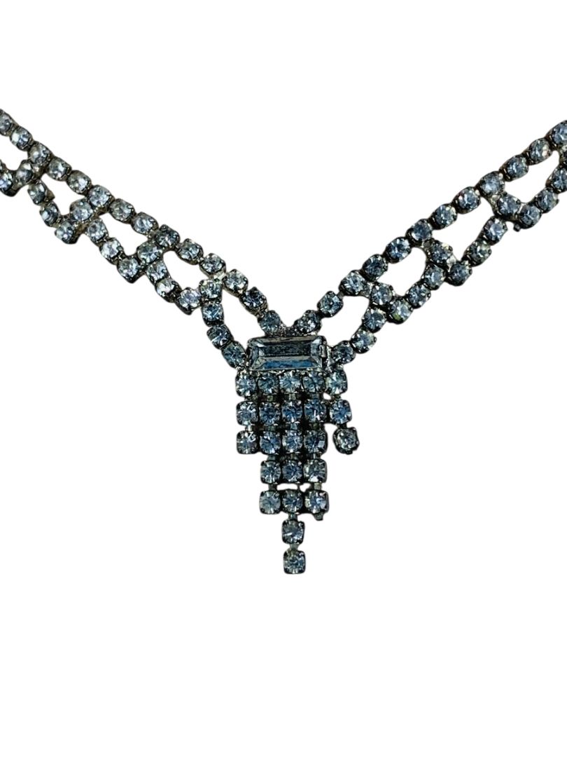 Vintage Rhinestone Swag Necklace 16.5 Inch Silvertone Hook Clasp