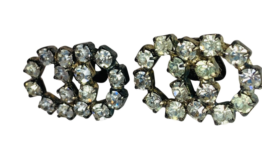 Vintage Pair Shoe Clips Rhinestone Silvertone Adjoining Circles .75 x 1 Inch