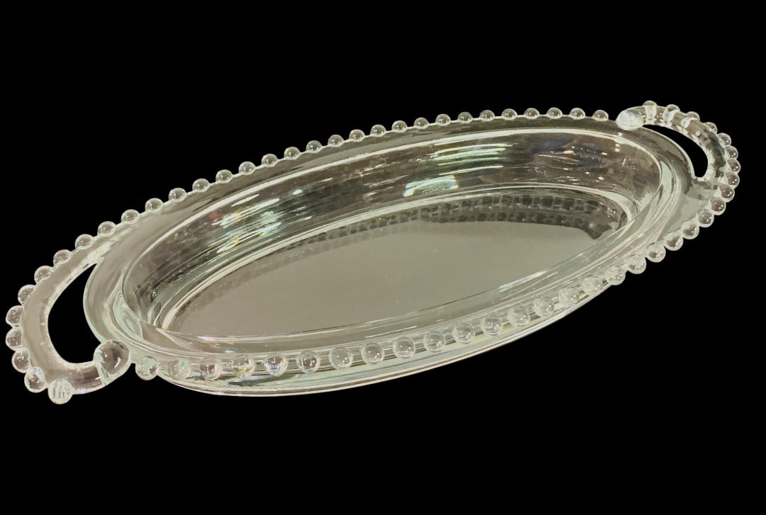 Imperial Glass Oval Celery Dish Beaded Curved Handle 13.5 Inch Candlewick