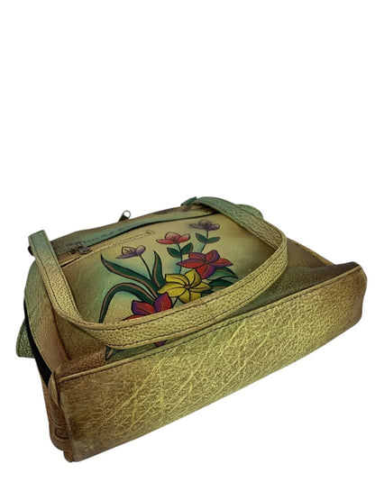 Anuschka Flower Leather 3 Compartment Shoulder Bag Hand-Painted USA