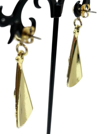 Brushed Goldtone Earrings Post Pierced Red Cabochon 1.75 Inch Drop