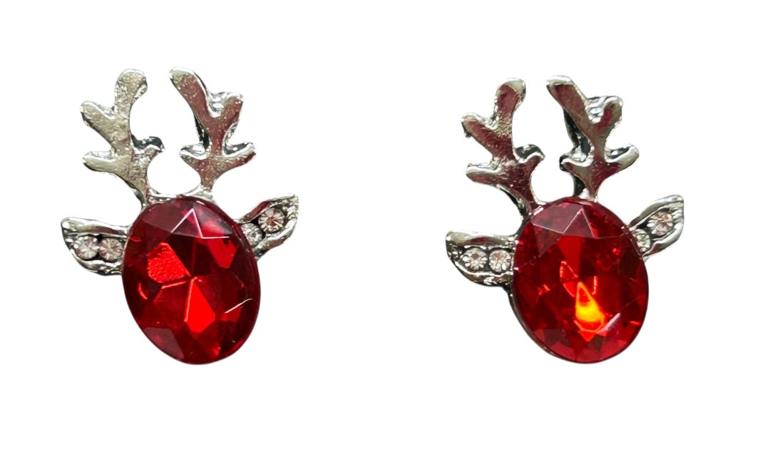 Silvertone Red Reindeer Earrings Post Pierced Sparkle .6 Inch