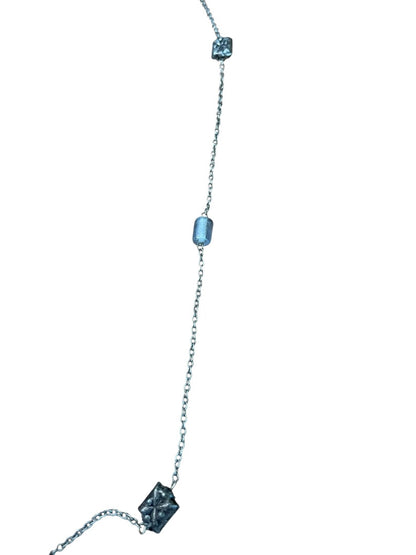 Small Blue Bead and Silvertone Bead Chain Adjustable Necklace 57 Inch