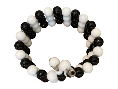 Vintage 3 Strand Black White Beaded Adjustable Cuff Bracelet