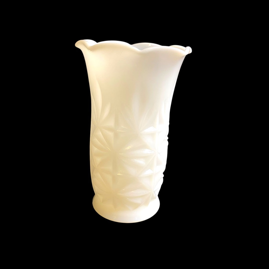Hazel-Atlas Opaque Milk Glass Vase 5.5" with Sticker Starburst Ruffle Edge