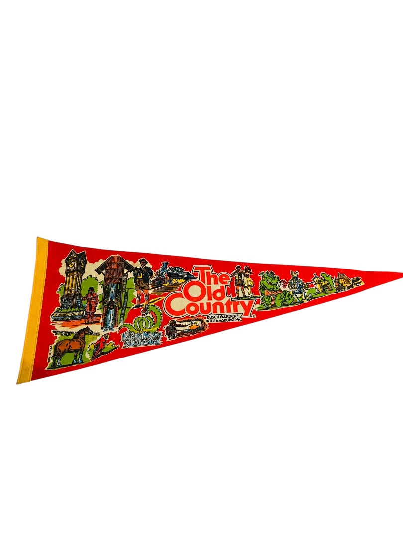 1980s 29 Inch Busch Gardens The Old Country Pennant Souvenir Felt Flag