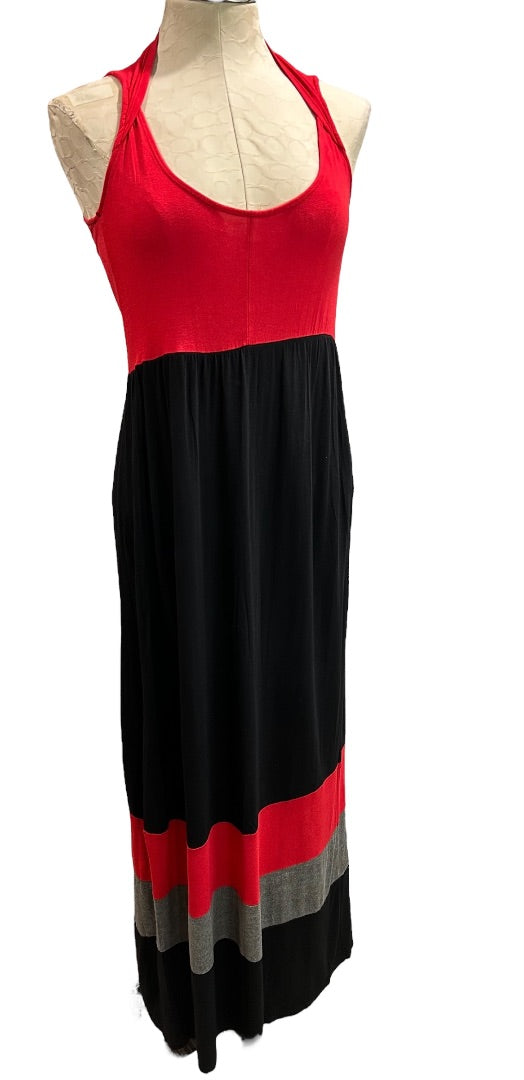 Medium Pink Rose Jersey Knit Maxi Dress Color Block Cut Out Back