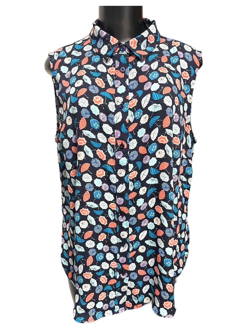 Large Talbots Button Up Collared Sleeveless Umbrella Patterned Shirt