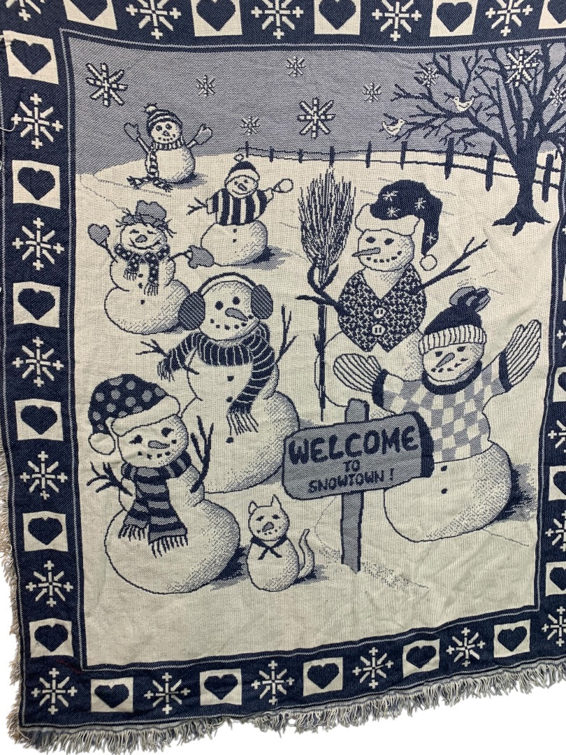 Vintage Woven Throw Blanket Welcome to Snowtown Fringed Blue 56" x 47"