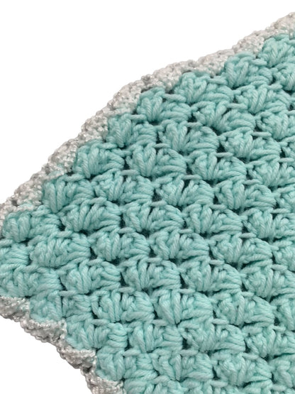 Vintage Mint Green Baby Blanket Crochet White Trim 37" x 34" Hood