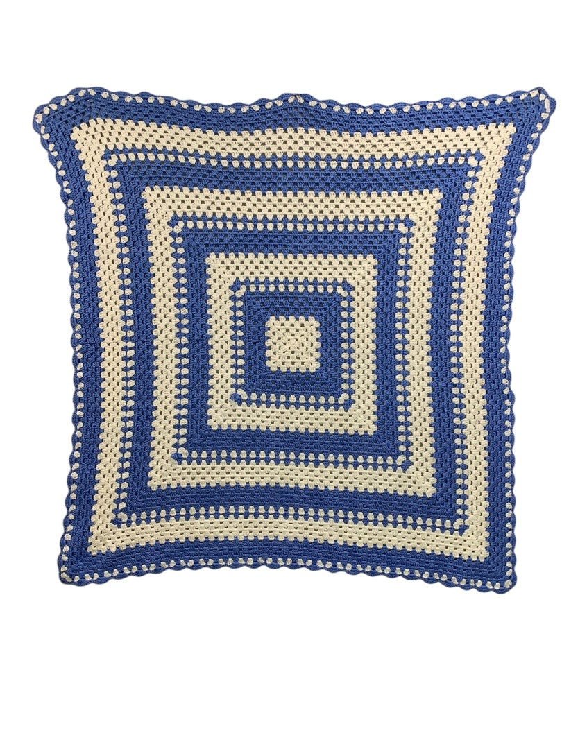 Vintage Crochet Boho Blue White Afghan Blanket Throw 40" Square