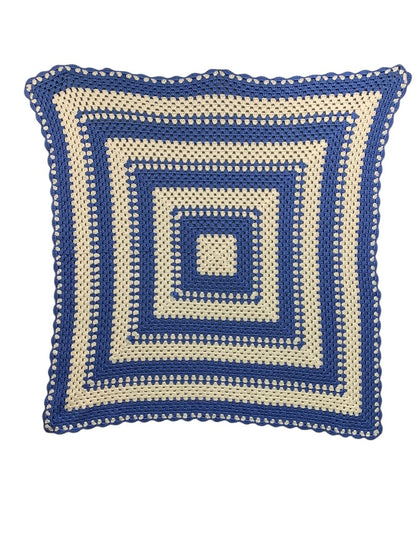 Vintage Crochet Boho Blue White Afghan Blanket Throw 40" Square