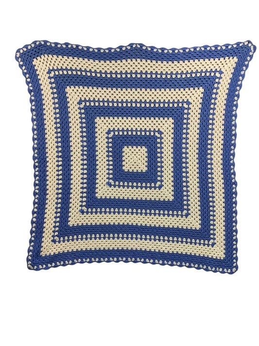 Vintage Crochet Boho Blue White Afghan Blanket Throw 40" Square