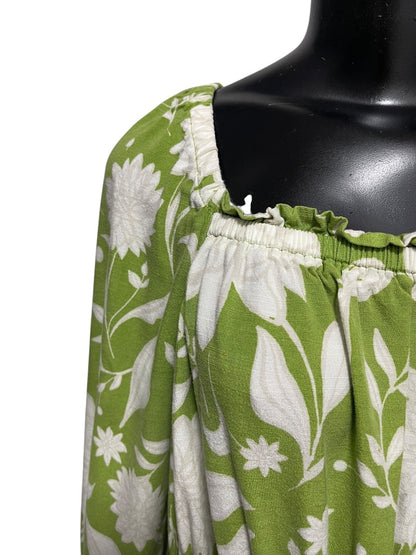 1XL Ava & Viv Floral Long Sleeve Tie Waist Dress Green Boho Style