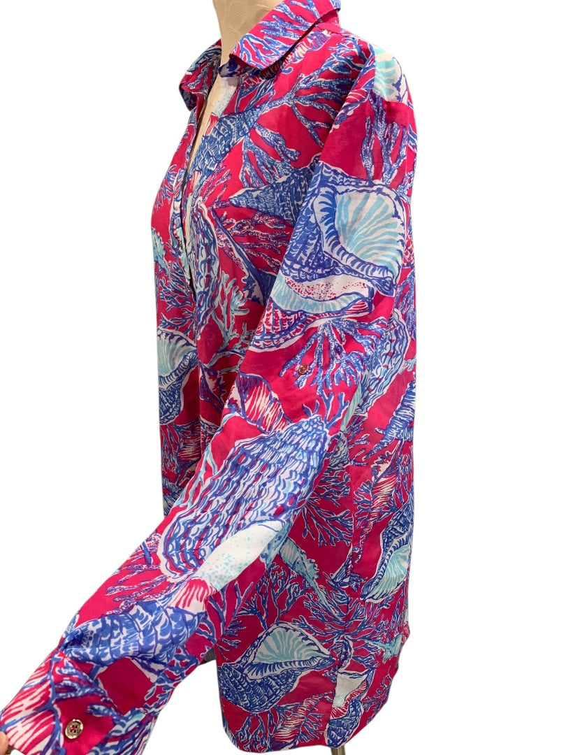 XL Talbots Womens Bathing Cover Up Roll Tab Sleeves Shell Print