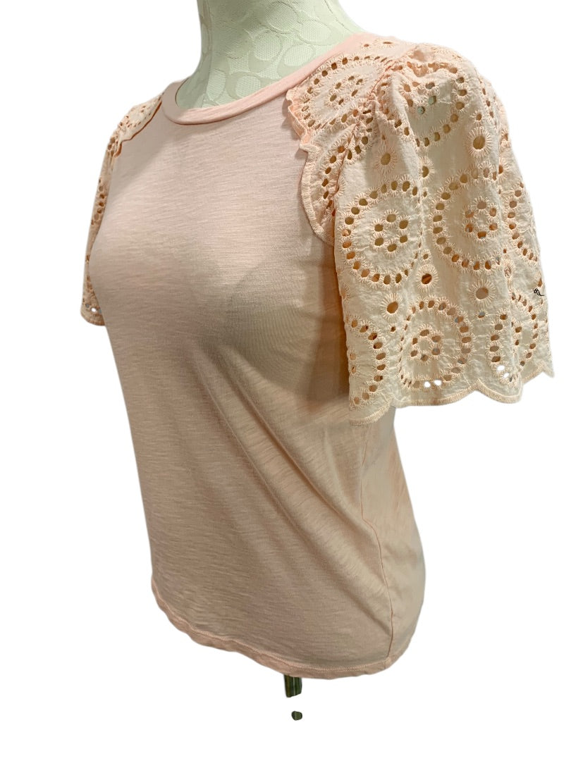 XS Loft Womens Peach Eyelet Sleeve Tshirt Round Neck