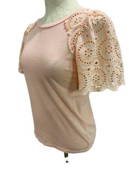 XS Loft Womens Peach Eyelet Sleeve Tshirt Round Neck