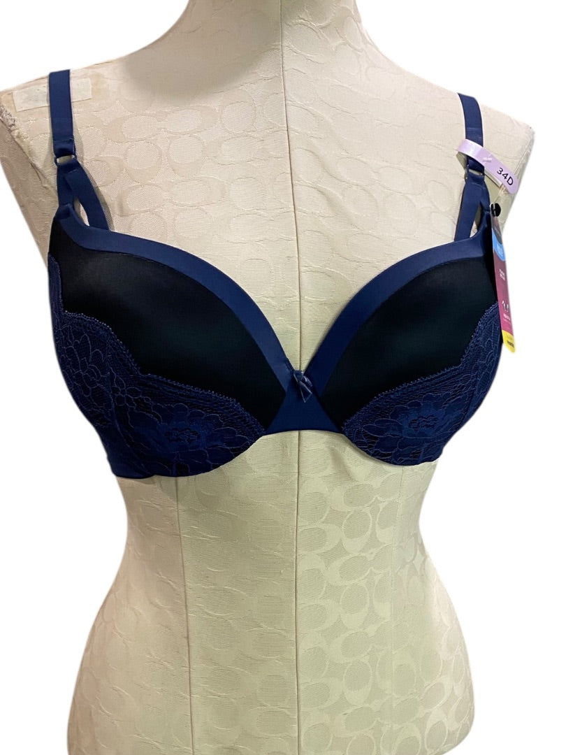 34D Maidenform Navy Blue Black Push Up & In Bra DM9900 Underwire Padded New