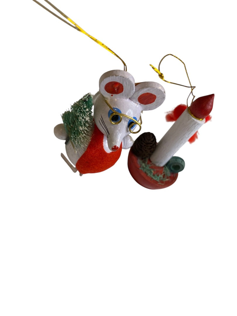 Vintage Wooden Christmas Holiday Ornaments Mouse Candle 2.75"