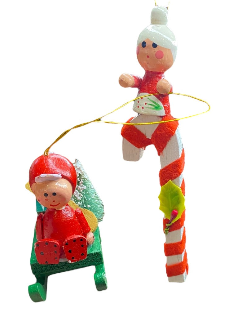 Vintage Wooden Christmas Holiday Ornaments Sled Candy Cane 2" and 3.75"