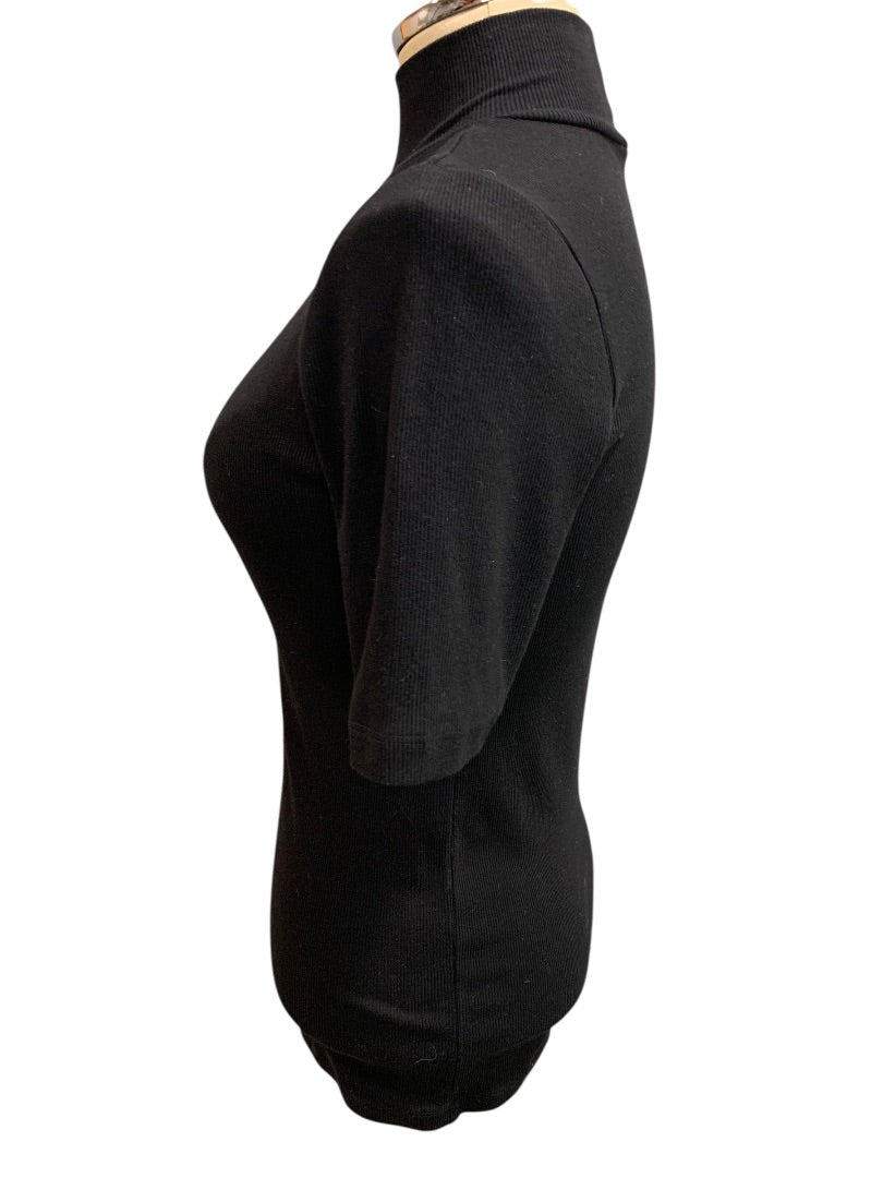 XS Loft Womens Black Ribbed Mock Neck Pullover Shirt Short Sleeve