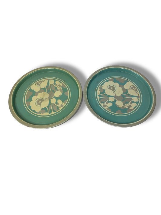 MidCentury Set of 2 Metal Trays Decorative Floral 12.5" Diameter Turquoise