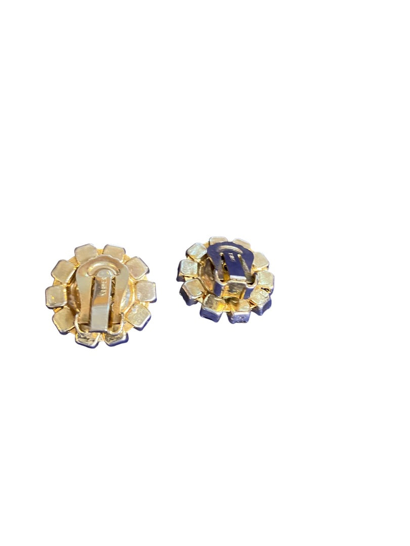 Vintage Signed Kramer Goldtone Rhinestone Clip On Earrings Non-Pierced 20mm