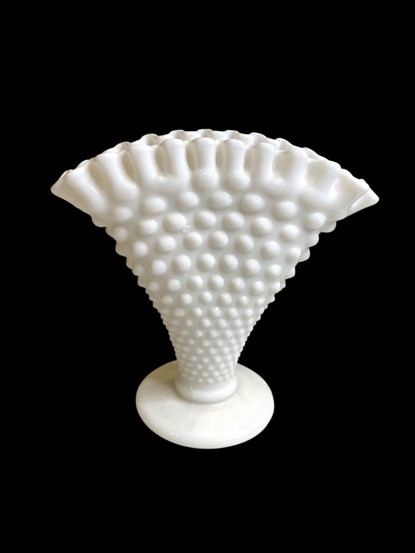 Vintage Fenton Milkglass Hobnail Fan Vase Crimped 5.5"