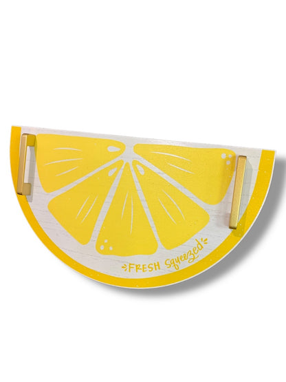 Lemon Slice Handled Serving Tray Yellow White Wooden 17" x 9.5"