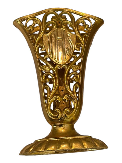Goldtone Crucifix Vase Decor Scrolled Open 5.5"h