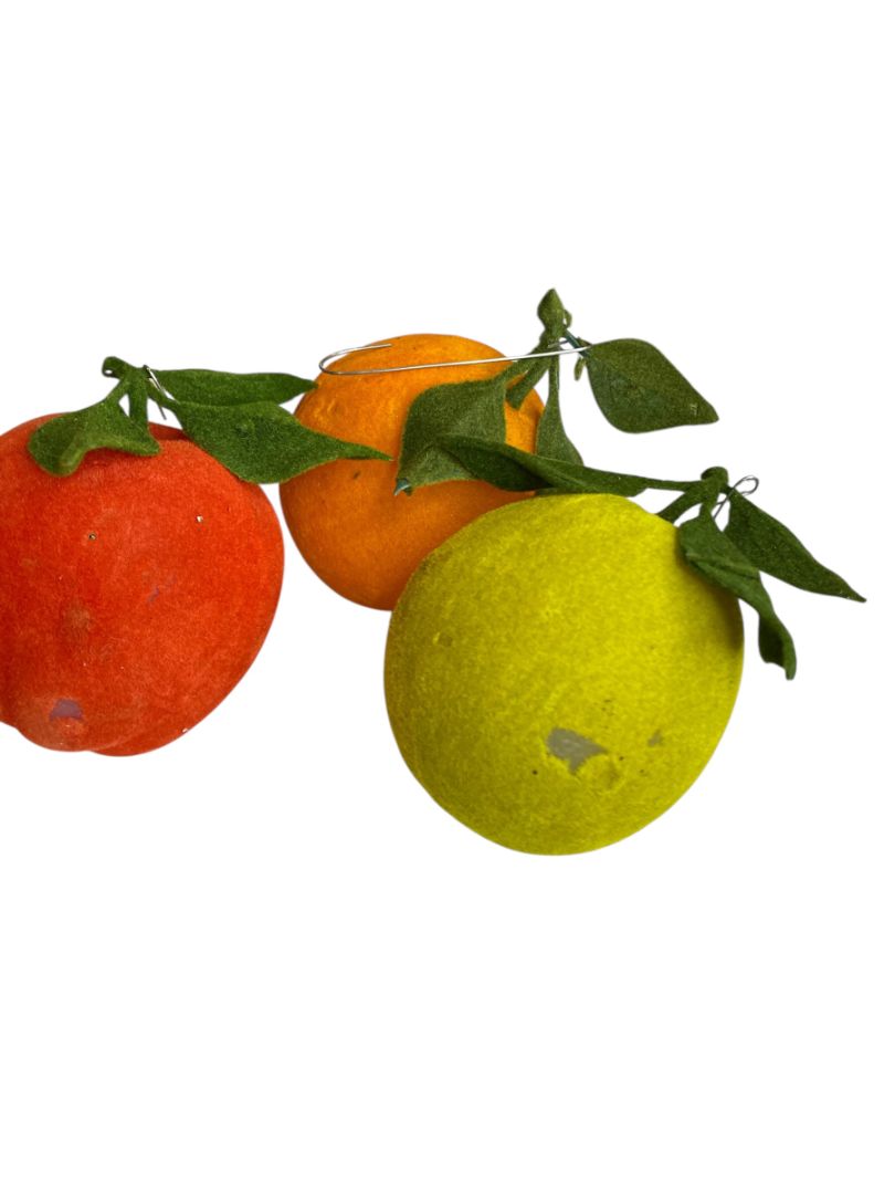 Vintage Flocked Velvet Fruit Set of 3 Ornaments Apples Orange 3 Inch
