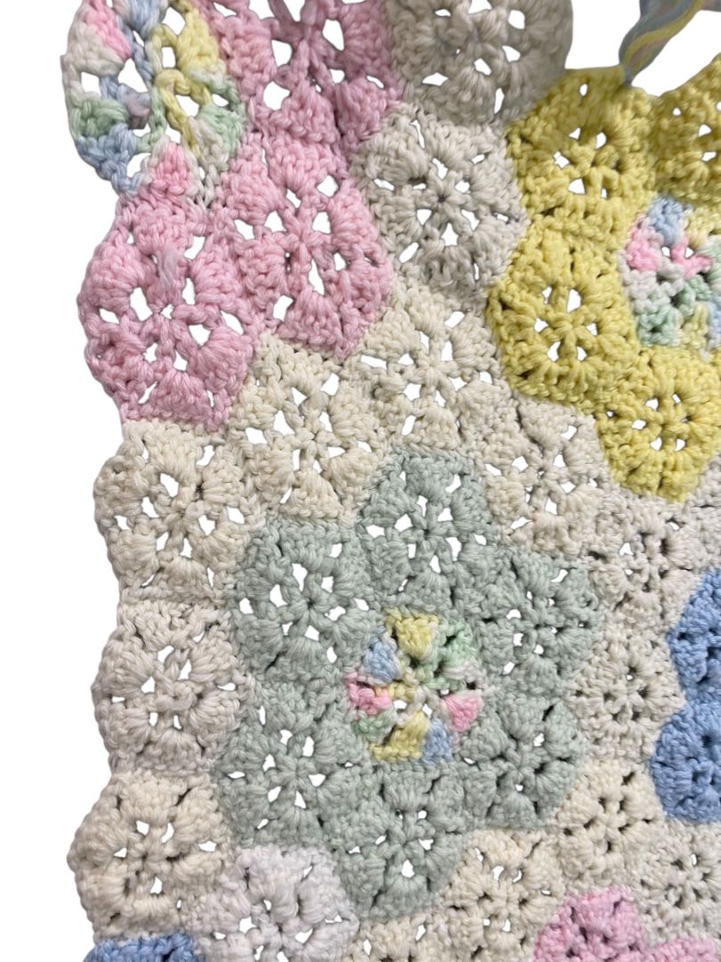 Vintage Crochet Baby Blanket Pastels Floral 40" Square Handmade