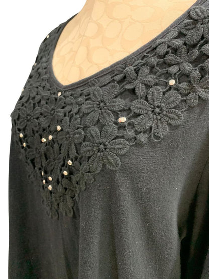 Size 1X Karen Scott Woman Black Crochet Embellished Knit Shirt