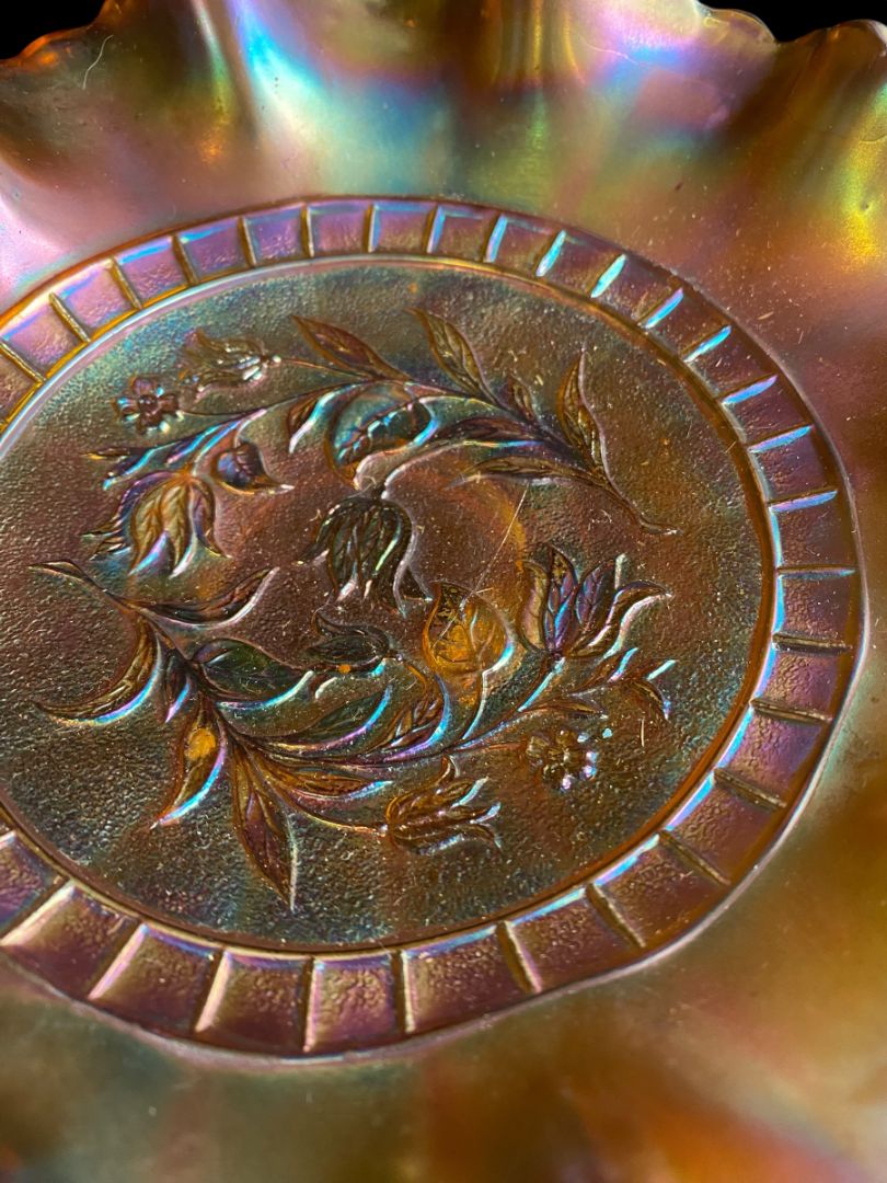 Vintage Dugan Wildflower Marigold Carnival Glass Ruffle 8.75" Bowl