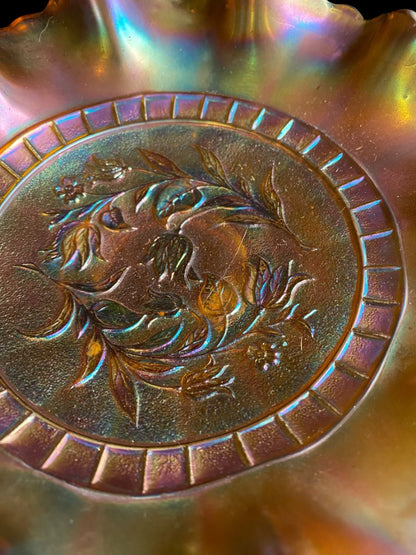 Vintage Dugan Wildflower Marigold Carnival Glass Ruffle 8.75" Bowl