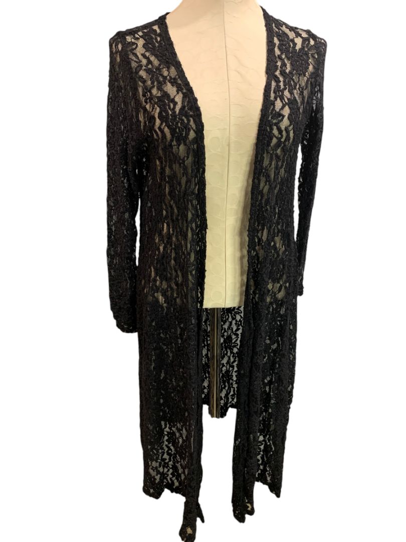 Small LulaRoe Womens Sarah Duster Cardigan Black Stretch Lace