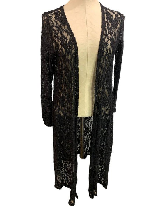 Small LulaRoe Womens Sarah Duster Cardigan Black Stretch Lace