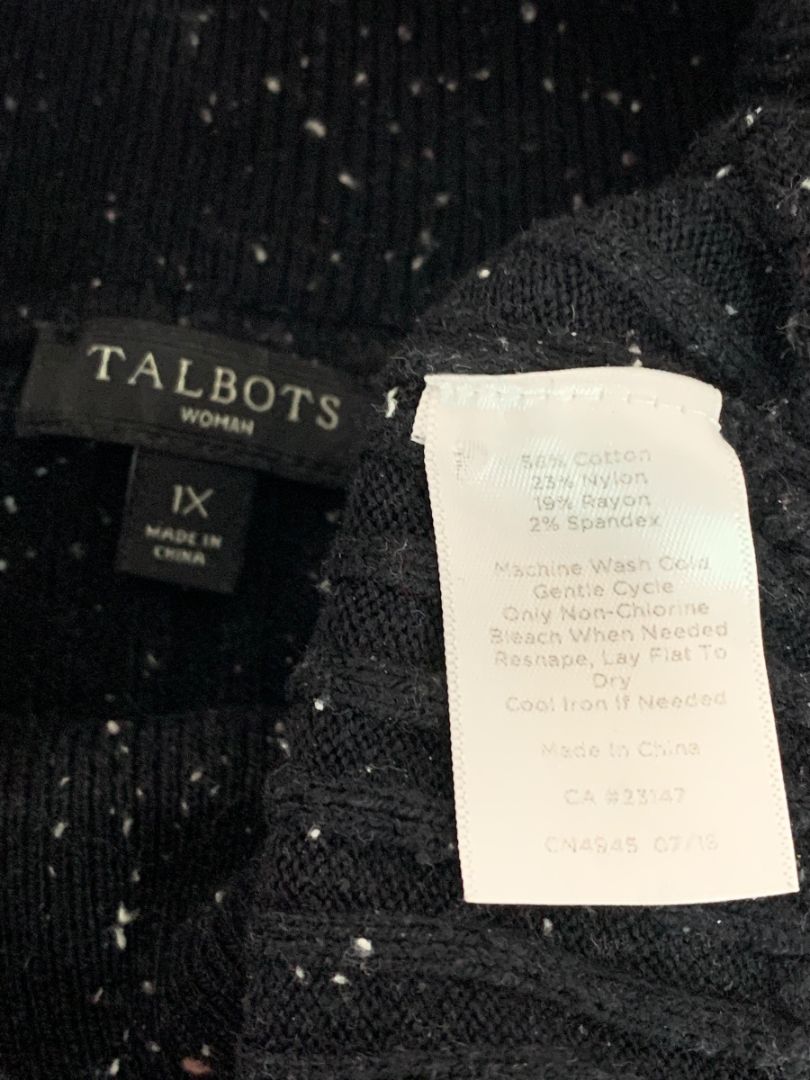 Size 1X Talbots Woman Black Flecked Turtleneck Sweater Ribbed Knit
