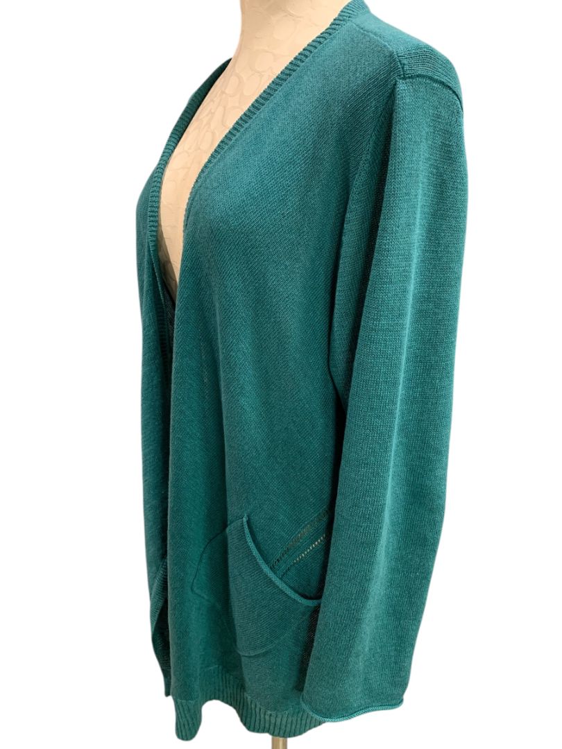 Large Eileen Fisher Womens Linen Teal Cardigan Sweater Pockets Open