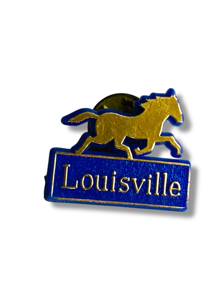 Vintage Louisville Lapel Pin Blue and Goldtone Plastic Horse 1" Kentucky