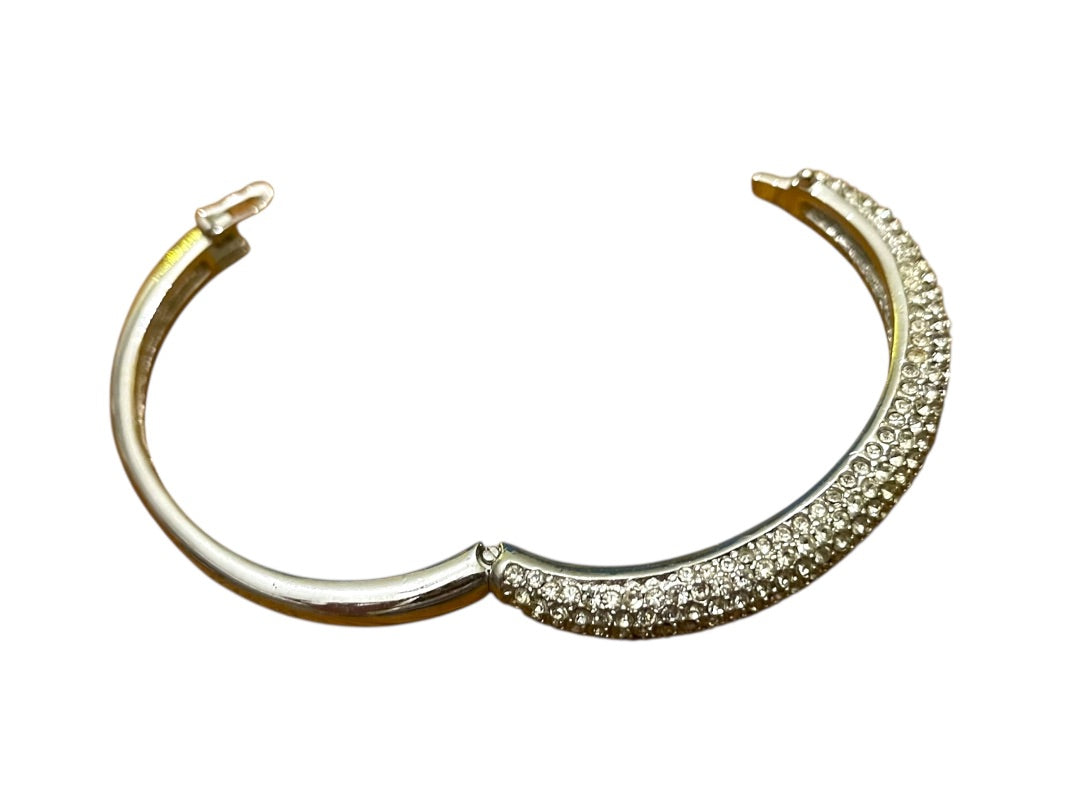 Christian Dior Silvertone Hinged Bangle Bracelet Crystal Pave Hallmarked