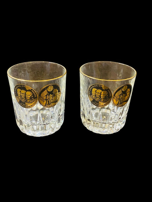 Set of 2 Vintage Drinking Glasses Moon Landing Medallions Gold Trim