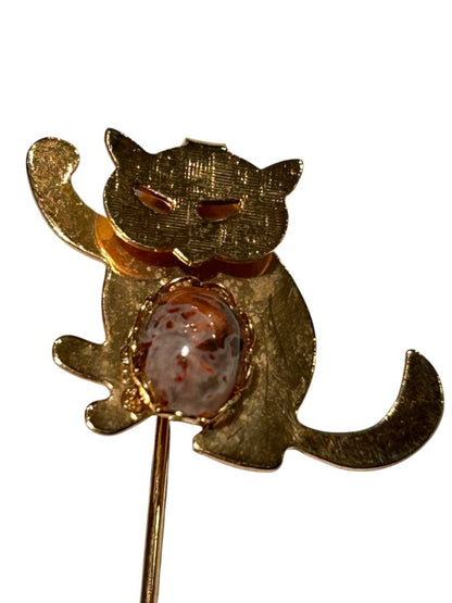 Goldtone Stick Pins Set of 2 Cat Flower Pink Stone 2.25"